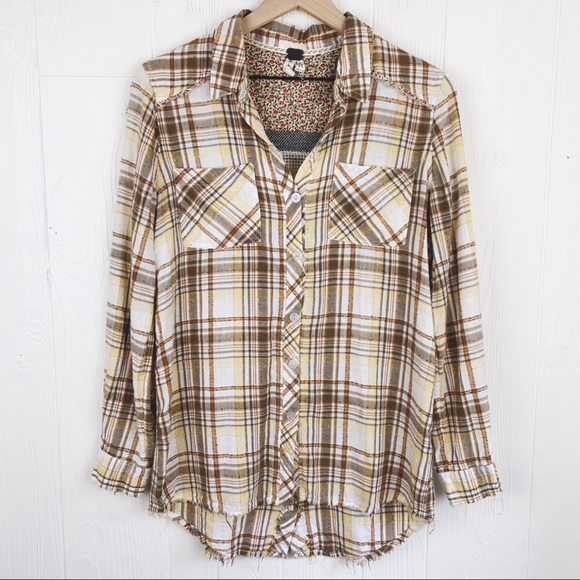 Free People Tops - Free People Plaid Mixed Media Flannel Raw Hem